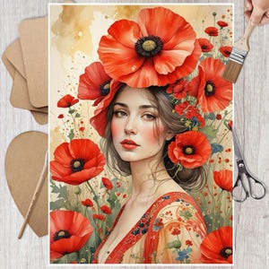 Carta di riso con ritratto floreale per decoupage, collage di papaveri, effimeri scrapbooking, artigianato decorativo in carta, arredamento, arte murale