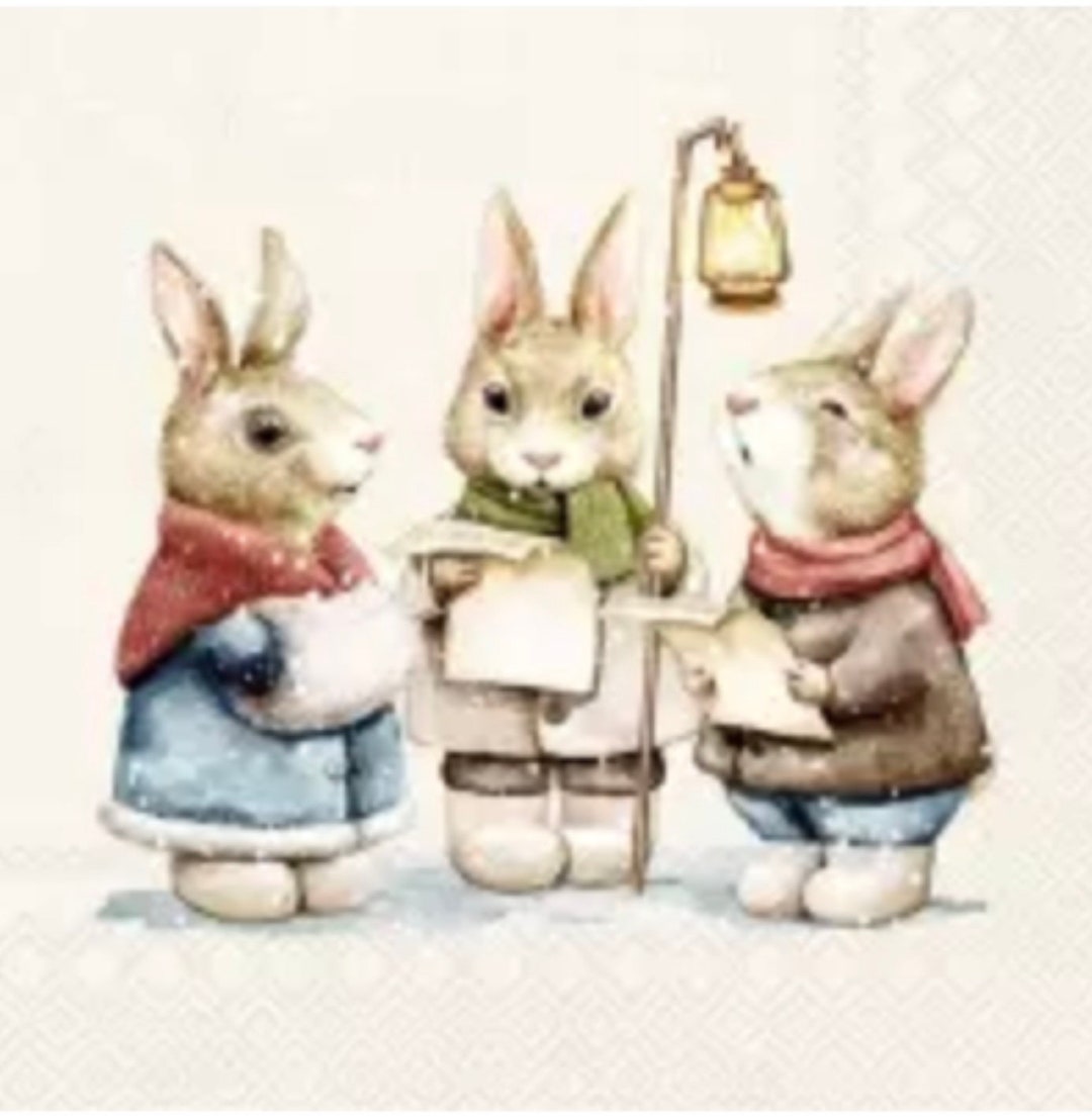 4 Decoupage Paper Napkin, Christmas Rabbit, Carol Singers, Serviette ...