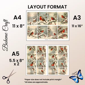 May include: A digital layout format sheet featuring multiple winter scenes with robins perched on snowy branches. Text includes LAYOUT FORMAT, A4 11 x 8", A3 11 x 16", A5 5.5 x 8" x 2, and Boheme Craft. A pair of scissors and a blue butterfly graphic are present.