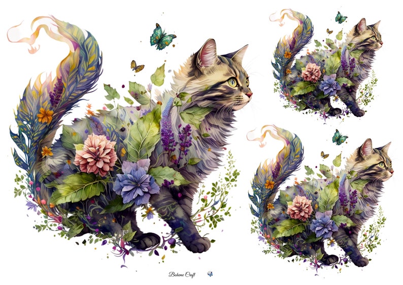 Pu&ograve; includere: Un'illustrazione digitale raffigurante tre gatti tigrati adornati con vivaci motivi floreali, foglie verdi e farfalle colorate. I gatti hanno code lunghe e fluide con texture simili a piume. Il testo "Boheme Craft" appare in basso.