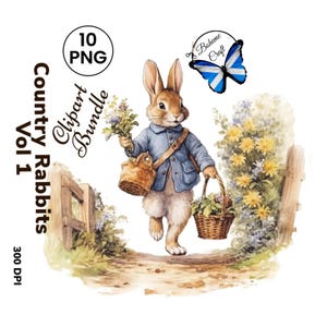 Pode incluir: Uma ilustração em aquarela de um coelho marrom vestindo uma jaqueta azul e carregando duas cestas. O coelho está caminhando em um caminho com grama verde e flores de ambos os lados. A imagem é intitulada "Country Rabbits Vol 1 Clipart Bundle 10 PNG 300 DPI".