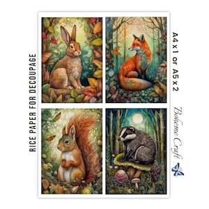 May include: Rice paper for decoupage featuring four rectangular illustrations of a brown rabbit, an orange fox, a red squirrel, and a badger on a mushroom. Text reads RICE PAPER FOR DECOUPE, A4 x 1 or A5 x 2, Boheme Craft, and a blue butterfly icon.