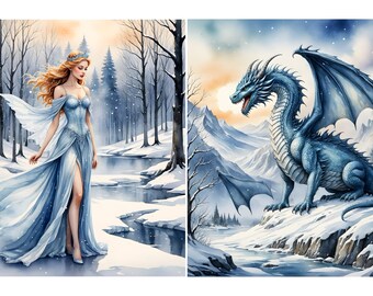 Winter Princess and Dragon Rice Paper for Decoupage, Scrapbooking