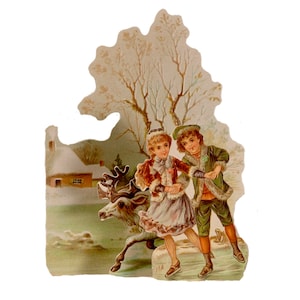 Tarjeta de Navidad troquelada en 3D, niños victorianos de estilo vintage con renos, sentimiento en blanco con sobre.