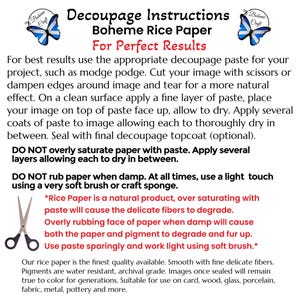 May include: A white instructional card titled Decoupage Instructions Boheme Rice Paper with blue butterfly logos. The text provides steps for using decoupage paste, cutting with scissors, and applying layers, with warnings about paper saturation.