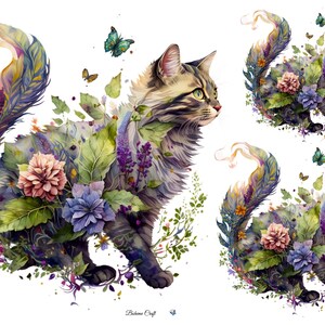 Pu&ograve; includere: Un'illustrazione digitale raffigurante tre gatti tigrati adornati con vivaci motivi floreali, foglie verdi e farfalle colorate. I gatti hanno code lunghe e fluide con texture simili a piume. Il testo "Boheme Craft" appare in basso.