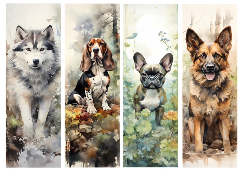 May include: A watercolor painting of four dogs in different poses. The dogs are a husky, a basset hound, a French bulldog, and a German shepherd. The painting is done in a realistic style and features a soft, muted color palette.