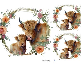 Rice Paper for Decoupage, Highland Cows, Collage Sheet, Decorative Mulberry Tissue, Scrapbooking, Junk Journal , 1 A4 Sheet