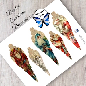 May include: Six vintage Christmas ornament illustrations with a gold glitter background. The illustrations feature Santa Claus, a blue-clad man with a white beard, and an angel. The text "Boheme Craft" is in the top right corner of the image.