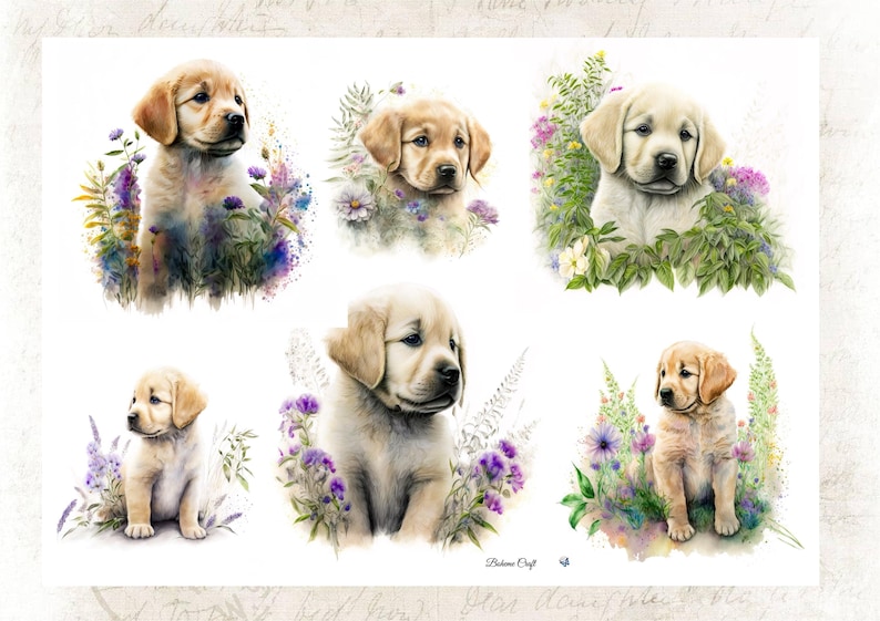 May include: A collection of six watercolor illustrations featuring light golden Labrador retriever puppies. Each puppy is depicted sitting or resting amidst vibrant clusters of purple, blue, and yellow wildflowers and green foliage.