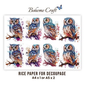 Papel de arroz con diseño de búho del bosque para decoupage, papel de seda de morera, collage de pájaros, papel decorativo, A4/A5
