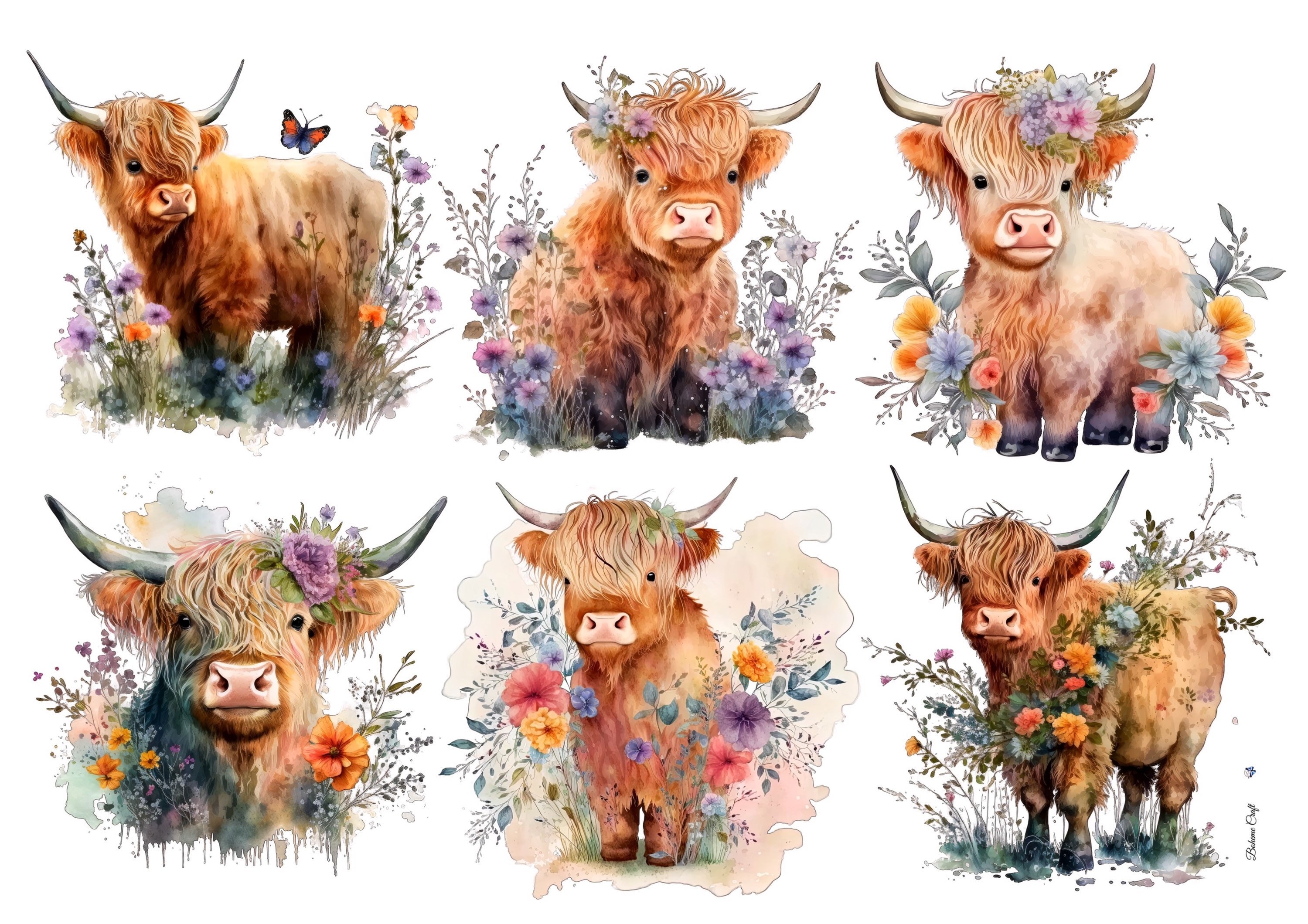 Rice Paper for Decoupage, Highland Cows, Collage Sheet, Decorative Mulberry Tissue, Scrapbooking, Junk Journal , 1 A4 Sheet