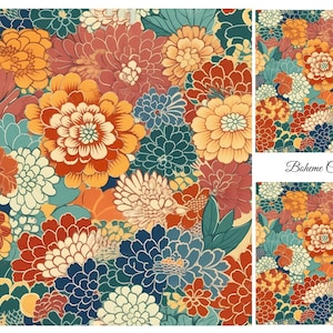 May include: A fabric pattern featuring a dense arrangement of chrysanthemums in shades of orange, red, cream, and teal blue. The design includes overlapping petals and leaves, with the text Boheme Craft printed in black on a white background.