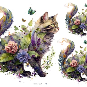 Pu&ograve; includere: Un'illustrazione digitale raffigurante tre gatti tigrati adornati con vivaci motivi floreali, foglie verdi e farfalle colorate. I gatti hanno code lunghe e fluide con texture simili a piume. Il testo "Boheme Craft" appare in basso.