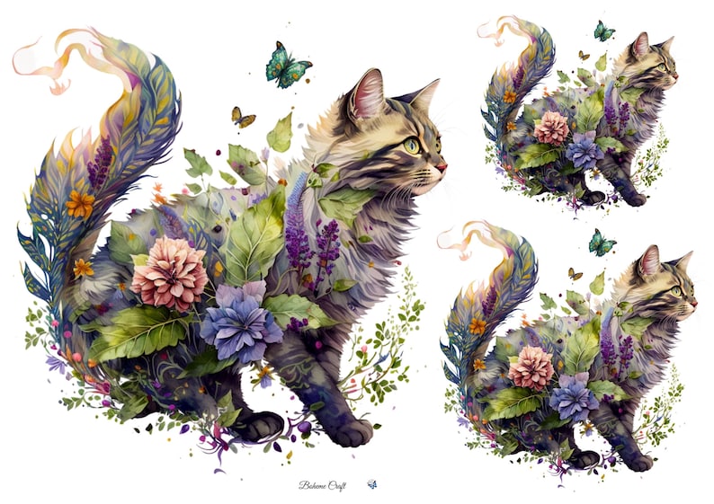 Pu&ograve; includere: Un'illustrazione digitale raffigurante tre gatti tigrati adornati con vivaci motivi floreali, foglie verdi e farfalle colorate. I gatti hanno code lunghe e fluide con texture simili a piume. Il testo "Boheme Craft" appare in basso.