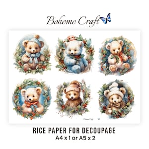 Könnte beinhalten: Ein Blatt Reispapier für Decoupage mit sechs Illustrationen von Teddybären mit Wintermützen und Schals, umgeben von Stechpalmen- und Kiefernzweigen. Der Text Boheme Craft steht oben, RICE PAPER FOR DECOUPAGE A4 x 1 oder A5 x 2 steht unten.
