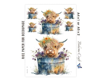 Highland Cows In Garden Planters Rice Paper For Decoupage, Scrapbooking, Home Decor, Scrapbooking, Journals, Mixed Media A4/A5