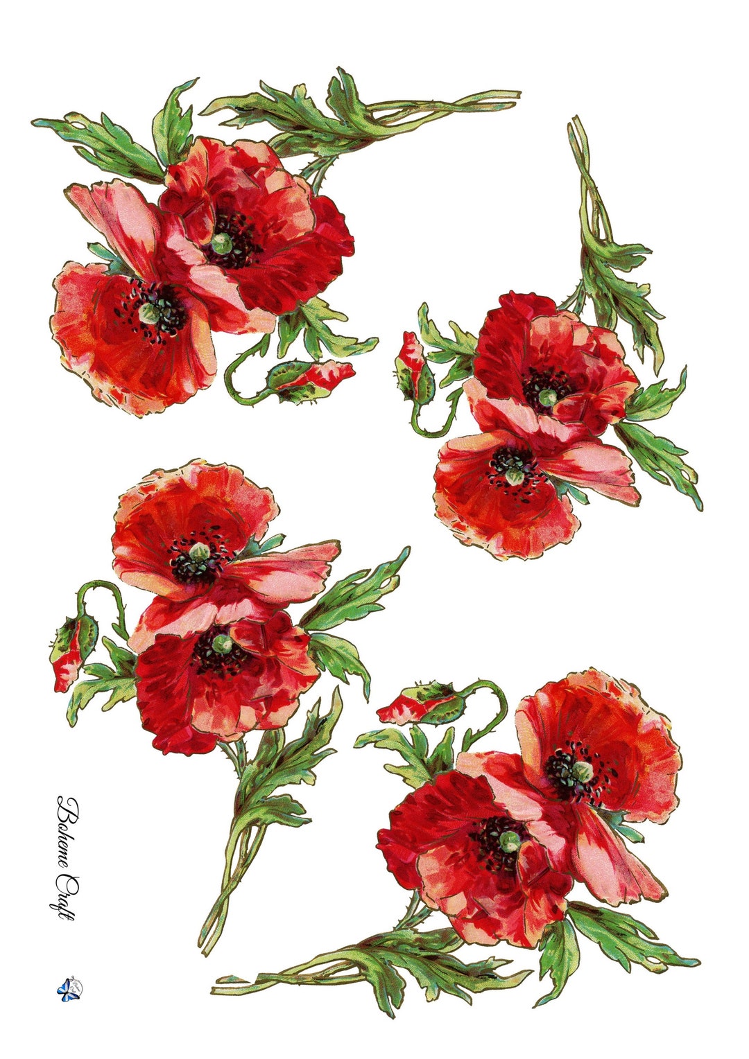 Rice Paper for Decoupage, Red Poppy Flower Collage, Furniture DIY, Card ...