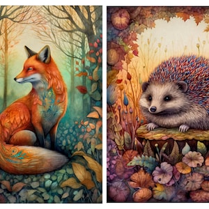 May include: A set of two illustrations featuring a fox with orange fur and teal patterns sitting in a forest, and a hedgehog with multicolored spines perched on a tree stump surrounded by autumn leaves and various plants in warm tones.