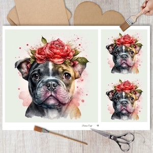 Papel de arroz para decoupage, buldogue francês com rosas, scrapbooking, diários, vários tamanhos e tipos de papel disponíveis.