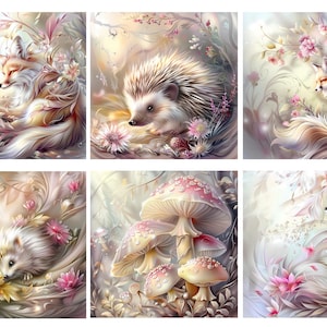 May include: A set of six square wall art prints featuring illustrations of foxes, hedgehogs, and mushrooms surrounded by soft-toned flowers and foliage in shades of pink, cream, and brown, presented in a grid layout with a light, ethereal aesthetic.