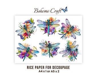 Abstract Watercolor Dragonfly Rice Paper Botanical Collage For Decoupage Crafts Scrapbooking Journals Card Making