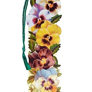 Dagelijkse wenskaart bladwijzer, kleurrijke gestanst viooltje bloemen, Victoriaanse stijl reliëf scrapbook ephemera