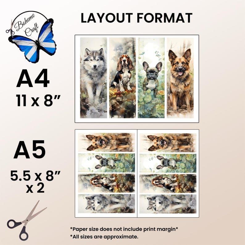May include: A layout guide for printing bookmarks with images of a wolf, a basset hound, a French bulldog, and a German shepherd. The guide shows how to print the images on A4 (11 x 8 inches) and A5 (5.5 x 8 inches) paper.