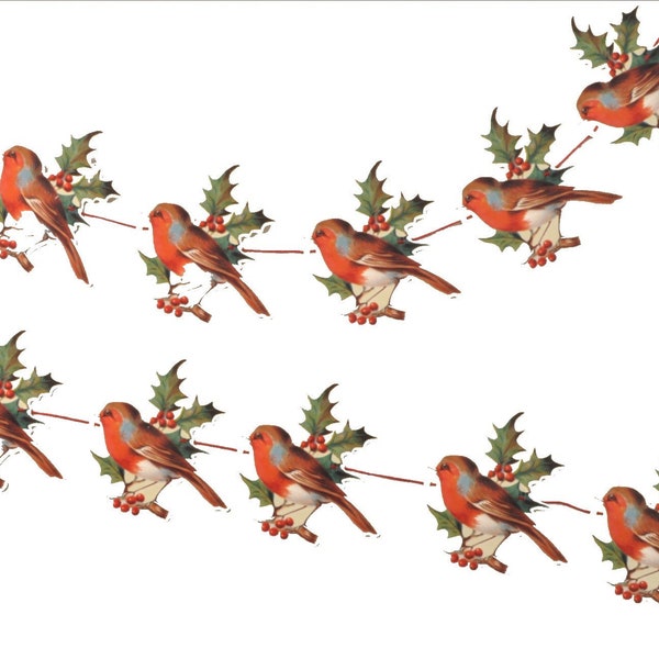 Vintage Style Red Robin Christmas Garland: Victorian Holiday Bunting