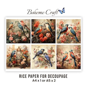 Papel de arroz con diseño de pájaros cantores vintage, collage floral con jaula para pájaros, lámina para manualidades, arte de pájaros, decoupage, papel tisú A4/A5