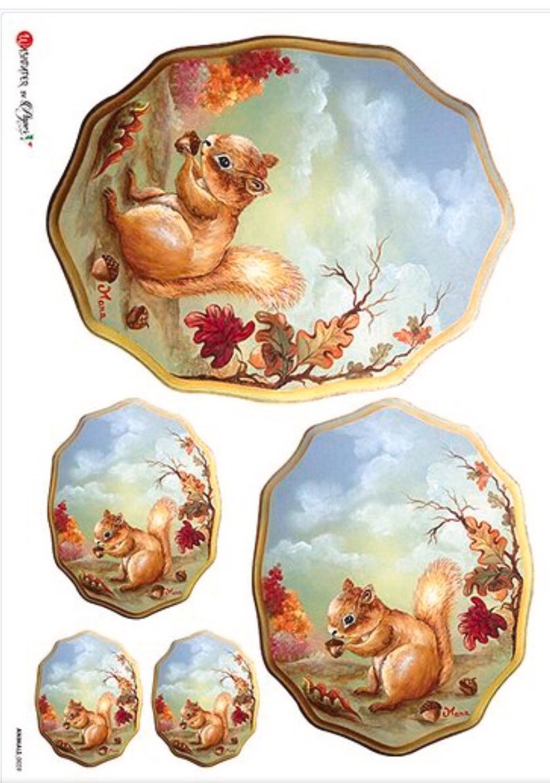 May include: Set of four painted ceramic plates featuring a squirrel holding an acorn in a woodland setting with autumn leaves and a blue sky. The plates are different sizes and have a gold rim.