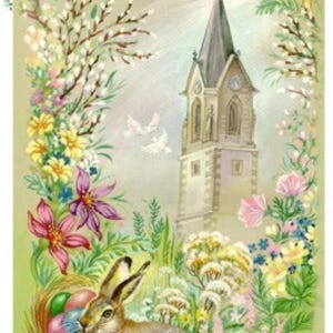 Château fantastique de conte de fées de Pâques avec lapin, papier de riz pour découpage, fabrication de cartes, travaux manuels décoratifs en papier, techniques mixtes