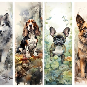 May include: A watercolor painting of four dogs in different poses. The dogs are a husky, a basset hound, a French bulldog, and a German shepherd. The painting is done in a realistic style and features a soft, muted color palette.