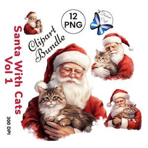 Christmas Santa With Cats Printable PNG Clip Art Images For Decoupage, Junk Journals, Card Making, Scrapbooking And Decorative Paper Crafts
