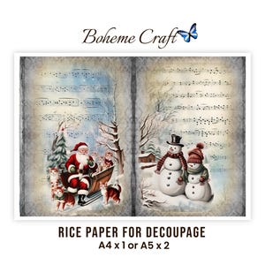 May include: Rice paper for decoupage featuring Boheme Craft branding, a blue butterfly logo, and two winter scenes. One side shows Santa Claus in a sleigh with cats, the other shows two snowmen. Backgrounds feature vintage musical notation.