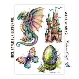 May include: A sheet of rice paper for decoupage featuring watercolor illustrations of a green and purple dragon, a stone castle with teal turrets, a butterfly with blue and brown wings, and a textured egg. Text reads RICE PAPER FOR DECOUPAGE, A4 x 1 or A5 x 2, and Boheme Craft.
