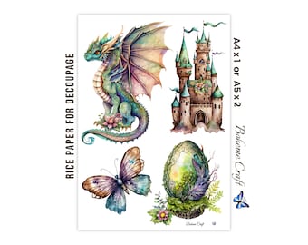 Papel de arroz com dragões de fantasia, cenas de dragões de contos de fadas para decoupage, diários, scrapbooking e técnicas mistas.