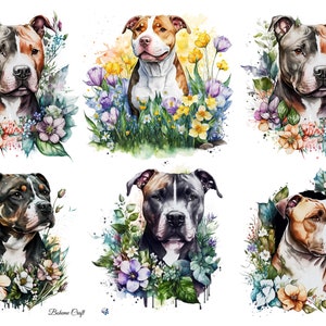 May include: A collection of six watercolour illustrations featuring Pitbull dogs surrounded by vibrant floral arrangements. Each portrait showcases a different dog with unique coat patterns, including brown, white, and black, accented by colourful flowers and green foliage. The text "Boheme Craft" is visible at the bottom.
