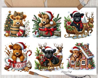 Op de afbeelding: Zes kerstthema-illustraties met schattige Highland-koeien in verschillende feestelijke omgevingen. De koeien dragen kerstmanmutsen en worden afgebeeld in verschillende poses, waaronder zittend in een vat, rijden in een slee en staan ​​voor een peperkoekhuis. De illustraties zijn perfect om elke project een feestelijke touch te geven.