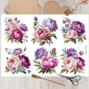 Fleurs roses pivoines shabby chic dans des paniers en papier de riz pour découpage, collage floral vintage, décalcomanies de Pâques, fabrication de cartes, papier décoratif