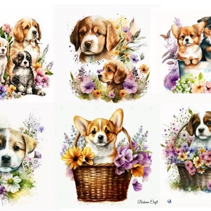 Reispapier für Decoupage, Hunde in Blumen Collage, Scrapbooking, Journals, verschiedene Größen und Papierarten erhältlich.