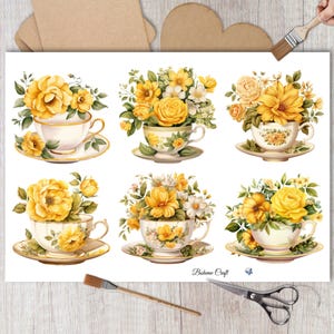 Vintage gele rozen in theekopjes rijstpapier voor decoupage, meubels Upcycle, tijdschriften, shabby chic DIY decor kaarten maken, decoratief papier