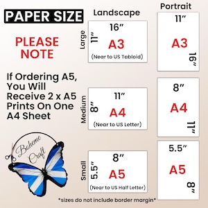 May include: A paper size chart titled PAPER SIZE with text PLEASE NOTE If Ordering A5, You Will Receive 2 x A5 Prints On One A4 Sheet. It lists landscape and portrait dimensions in inches for A3, A4, and A5 sizes, including a Boheme Craft butterfly logo.