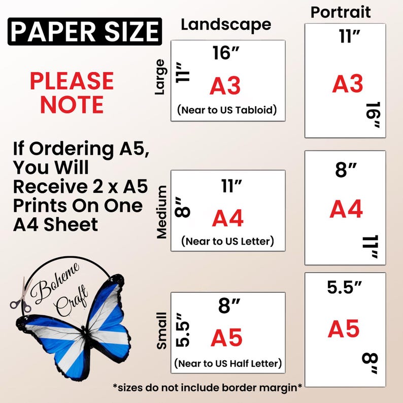 May include: A paper size chart titled PAPER SIZE with text PLEASE NOTE If Ordering A5, You Will Receive 2 x A5 Prints On One A4 Sheet. It lists landscape and portrait dimensions in inches for A3, A4, and A5 sizes, including a Boheme Craft butterfly logo.
