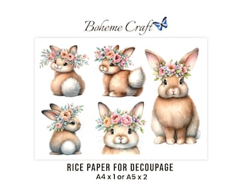 May include: A sheet of rice paper for decoupage featuring five illustrations of brown rabbits wearing floral crowns. The text Boheme Craft with a blue butterfly icon appears at the top, and RICE PAPER FOR DECOUPAGE A4 x 1 or A5 x 2 at the bottom.
