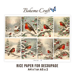 May include: A sheet of rice paper for decoupage featuring eight distinct winter scenes with robins, snow-covered pine trees, and red berries. The text Boheme Craft appears at the top and bottom, with Rice Paper for Decoupage A4 x 1 or A5 x 2 below.
