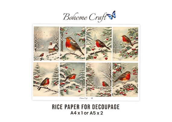 Winter Bird Rice Paper, Robin Redbreast Winter Landscape Illustrations For Decoupage, Journals, Scrapbooking