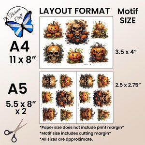 May include: A layout format sheet with Halloween-themed motifs. The sheet includes A4 and A5 sizes, with motif sizes of 3.5 x 4 inches and 2.5 x 2.75 inches. The designs feature pumpkins and skulls.