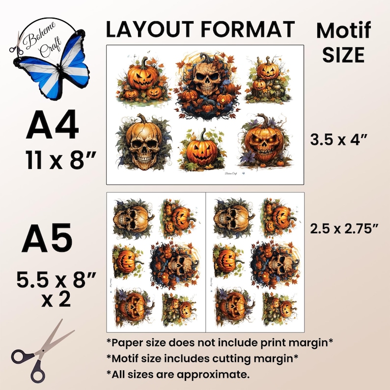 May include: A layout format sheet with Halloween-themed motifs. The sheet includes A4 and A5 sizes, with motif sizes of 3.5 x 4 inches and 2.5 x 2.75 inches. The designs feature pumpkins and skulls.