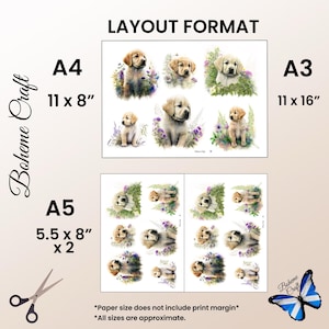 May include: A layout format sheet featuring multiple illustrations of golden retriever puppies surrounded by purple and green flowers. The text includes Boheme Craft, A4 11 x 8 inches, A3 11 x 16 inches, A5 5.5 x 8 inches x 2, and paper size notes.